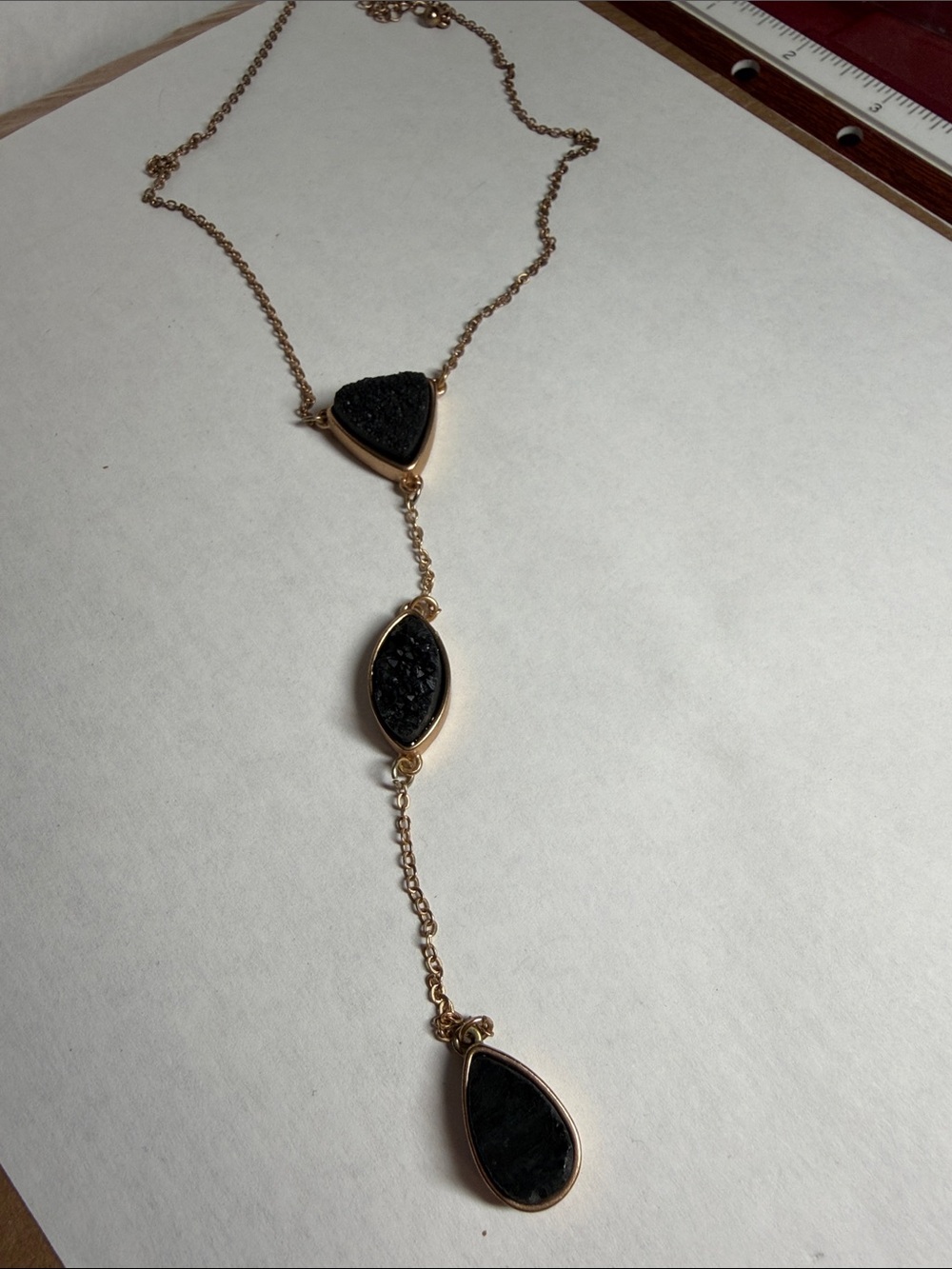 Vintage Gold-Tone Lariat Necklace with Black Druzy Accents
